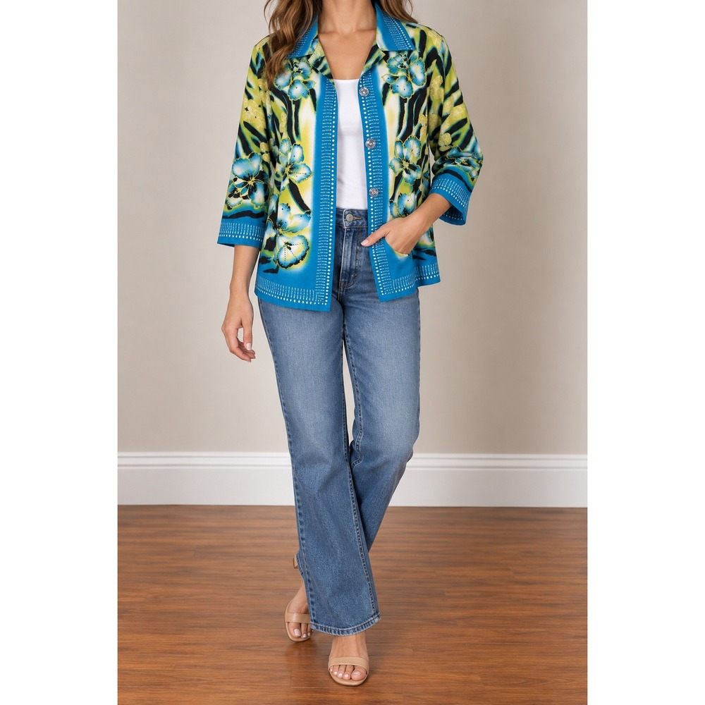 Nancy Bolen City Girl Bead Silk Floral Tiger Print Statement Jacket Large Artsy